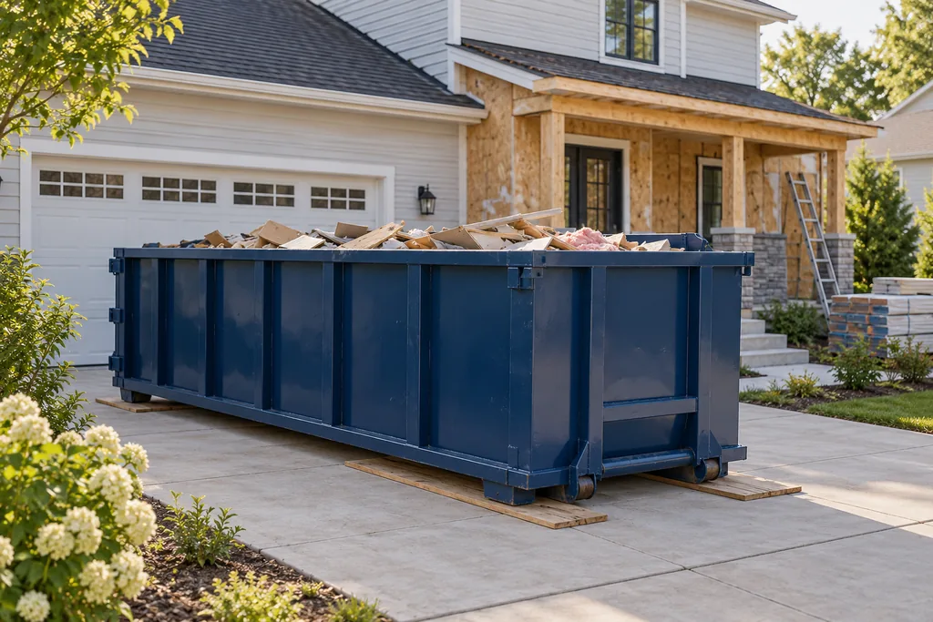 Roll-off dumpster on driveway protection boards beside a home renovation