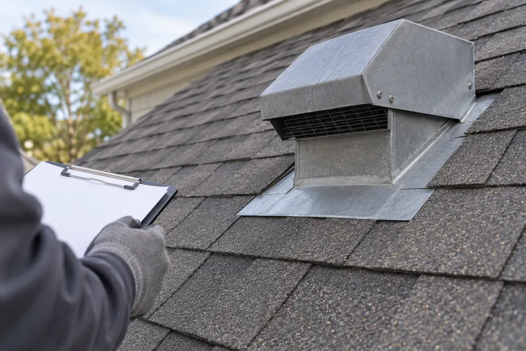 Asphalt shingles and vent flashing during a roof assessment