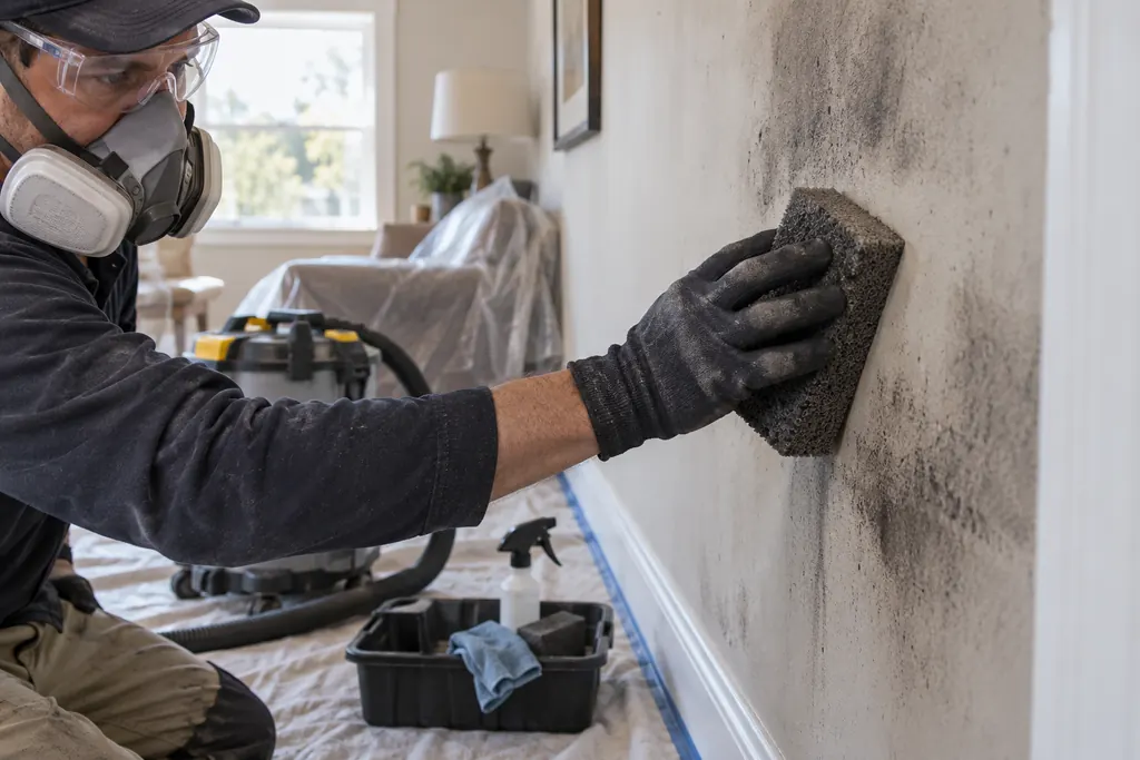 Protected worker cleaning soot from an interior wall