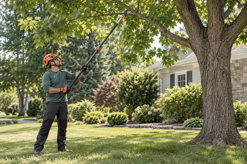 Arborist using a pole pruner from the ground