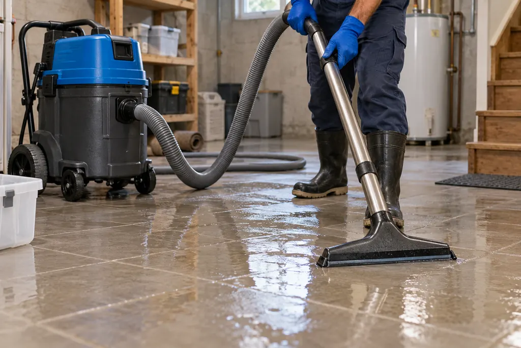 Extraction wand removing water from a tiled floor